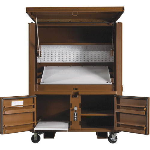 Coffre de chantier et surface de travail sur le terrain, 33" la x 63" p x 80" h, Acier, Rouge Haskins Industrial Inc.