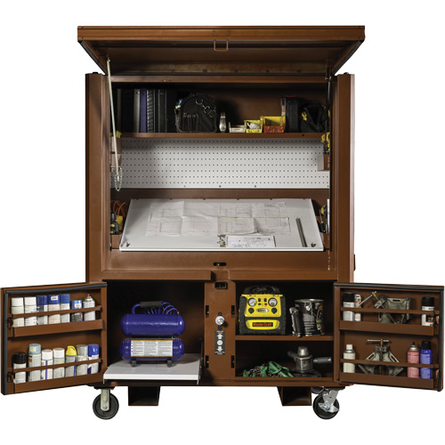 Coffre de chantier et surface de travail sur le terrain, 33" la x 63" p x 80" h, Acier, Rouge Haskins Industrial Inc.