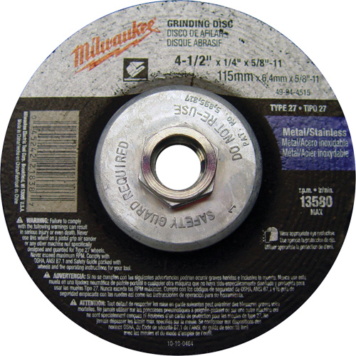 Grinding Wheel, 4-1/2" x 1/4", 5/8"-11 Arbor, Aluminum Oxide, Type 27 Haskins Industrial Inc.