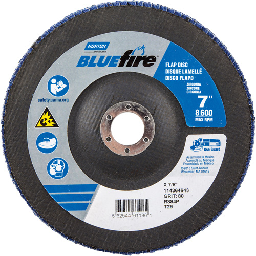 BlueFire R884P Coarse Grit Flap Disc, 7" x 7/8", Type 27, 80 Grit, Zirconia Alumina Haskins Industrial Inc.