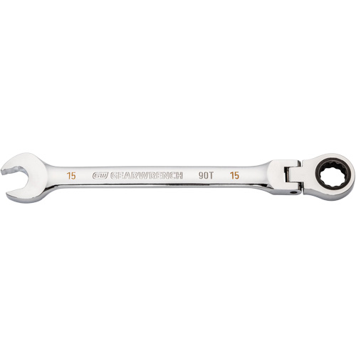90-Tooth Flex Head Ratcheting Combination Wrench, 12 Point, 15 mm, Chrome Finish Haskins Industrial Inc.