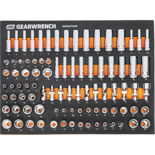 Jeu d'outils m&eacute;triques pour m&eacute;canicien MEGAMOD dans des plateaux en mousse modulaire avec armoire roulante &agrave; outils, 358 morcea Haskins Industrial Inc.