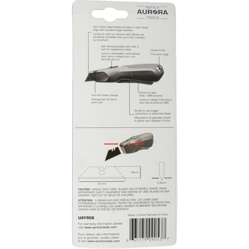 Couteau de s&eacute;curit&eacute; r&eacute;tractable , Acier inoxydable, Robuste, Prise en Plastique/Aluminium Haskins Industrial Inc.