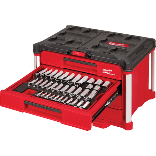 Ensemble de 242 pi&egrave;ces de douilles et cliquets m&eacute;triques et SAE 1/4", 3/8" et 1/2" avec boîte &agrave; outils PACKOUT &agrave; 4 tiroirs, 16-3/10" x 22-1/5" x 14-3/10", Noir/Rouge Haskins Industrial Inc.