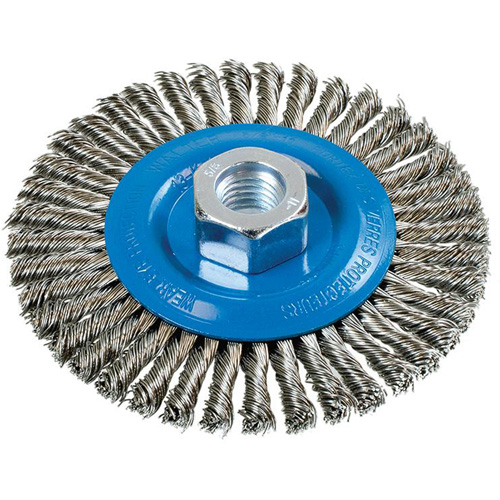 Stringer Bead Knotted Wire Brush, 4-1/2" Dia., 0.02" Fill, 5/8"-11 Arbor, Aluminum/Stainless Steel Haskins Industrial Inc.