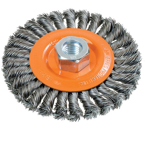 Wide Knotted Wire Wheel Brush, 4-1/2" Dia., 0.02" Fill, 5/8"-11 Arbor, Steel Haskins Industrial Inc.