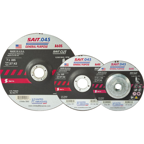 Sait Cutting Wheel, 5" x 0.045", 7/8" Arbor, Type 27, Aluminum Oxide, 12200 RPM Haskins Industrial Inc.