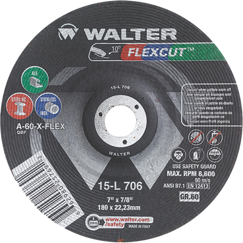 Flexcut Depressed Centre Grinding Wheels, 7", 60 Grit, Aluminum Oxide, 7/8", 8600 RPM, Type 29 Haskins Industrial Inc.