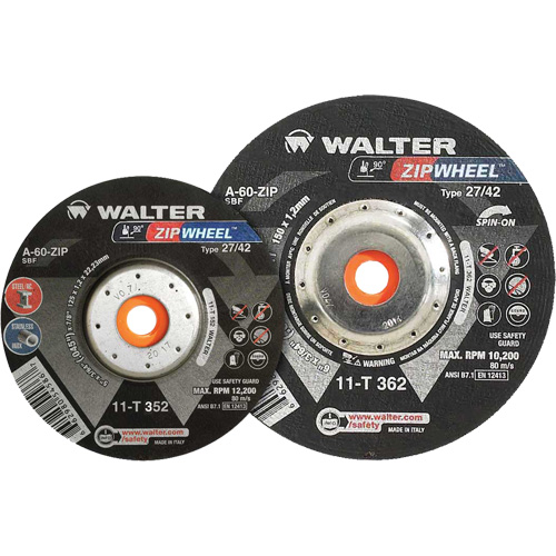 Meules &agrave; tronçonner renforc&eacute;es Zipcut vissables pour scies circulaires, 5" x 7/8", Arbre de 5/8"-11, Type 27, Oxyde d'aluminium, 12 200 Tr/min Haskins Industrial Inc.