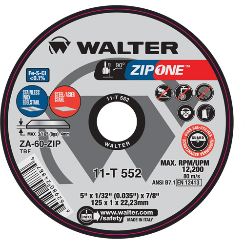 Zip One Cut-Off Wheel, 5" x 1/32", 7/8" Arbor, Type 1, Zirconia Alumina, 12200 RPM Haskins Industrial Inc.