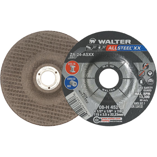 Depressed Centre Grinding Wheels - ALLSTEEL XX, 4-1/2" x 1/8", 7/8" Arbor, Type 27, Zirconia Alumina, 13300 RPM Haskins Industrial Inc.