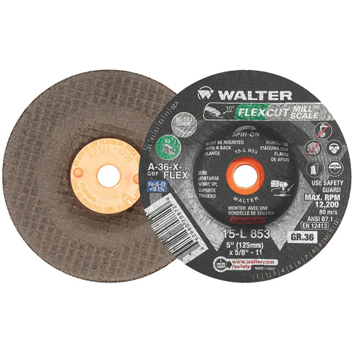FLEXCUT MILL SCALE Grinding Wheel, 5", 36 Grit, Aluminum Oxide, 5/8"-11, 12200 RPM, Type 29 Haskins Industrial Inc.