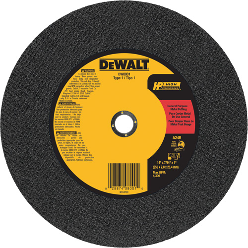 General Purpose Metal Cutting Chop Saw Wheel, 14" x 7/64", 1" Arbor, Type 1, Aluminum Oxide, 4300 RPM Haskins Industrial Inc.