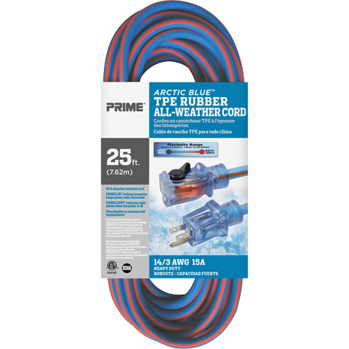 Cordon rallonge Arctic Blue, Toutes saisons, SJEOW, AWG 14/3, 15 A, 25' Haskins Industrial Inc.