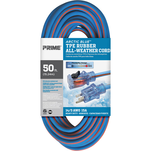 Cordon rallonge Arctic Blue, Toutes saisons, SJEOW, AWG 14/3, 15 A, 50' Haskins Industrial Inc.