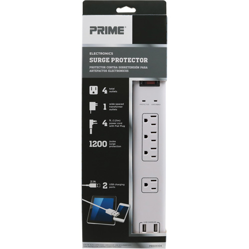 Limiteurs de surtension avec chargeur USB, 4 Prises, 1200 J, 1875 W, Cordon 4' Haskins Industrial Inc.