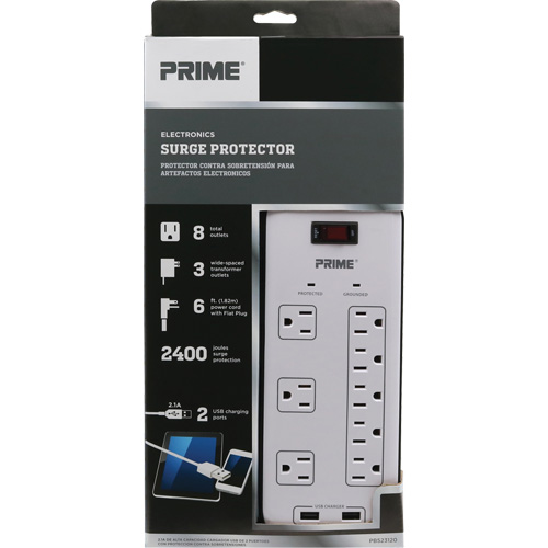Limiteurs de surtension avec chargeur USB, 8 Prises, 2400 J, 1875 W, Cordon 6' Haskins Industrial Inc.