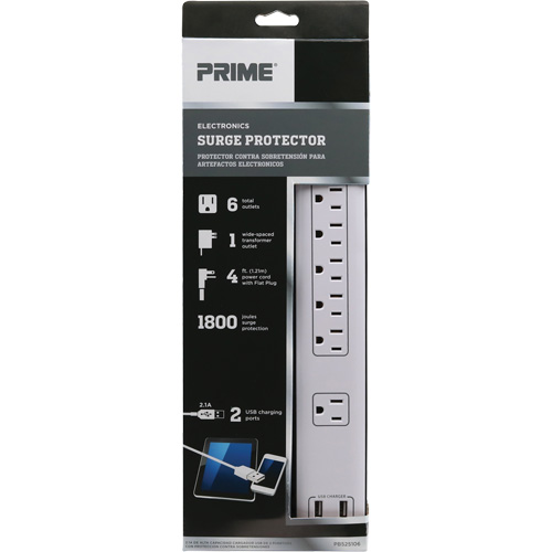 Limiteurs de surtension avec chargeur USB, 6 Prises, 1800 J, 1875 W, Cordon 4' Haskins Industrial Inc.