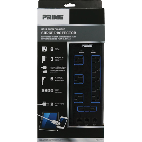 Limiteurs de surtension avec chargeur USB, 8 Prises, 3600 J, 1875 W, Cordon 6' Haskins Industrial Inc.