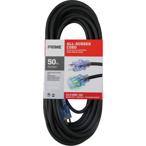 All-Rubber Extension Cord, Outdoor, SJOOW, 14/3 AWG, 15 A, 50' Haskins Industrial Inc.