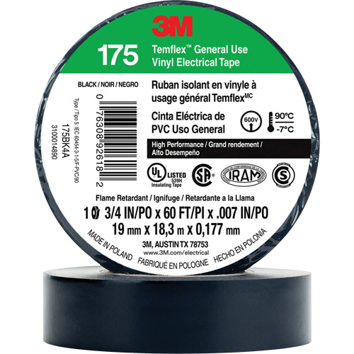 Temflex General Use Vinyl Electrical Tape 175, 19 mm (3/4") x 18 M (60'), Black, 7 mils Haskins Industrial Inc.