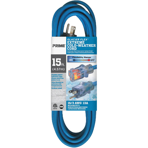 Glacier Flex&reg; Extreme Cold Weather Extension Cord, Outdoor, SJTW, 16/3 AWG, 13 A, 15' Haskins Industrial Inc.