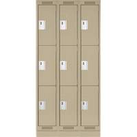 Clean Line Lockers, 3 -tier, Bank of 3, 36" x 18" x 76", Steel, Beige, Rivet (Assembled) Haskins Industrial Inc.