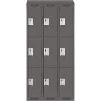 Clean Line Lockers, 3 -tier, Bank of 3, 36" x 18" x 78", Steel, Charcoal, Rivet (Assembled) Haskins Industrial Inc.