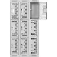 Clean Line Lockers, 3 -tier, Bank of 3, 36" x 12" x 72", Steel, Grey, Rivet (Assembled), Perforated Haskins Industrial Inc.