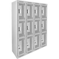 Clean Line Lockers, 3 -tier, Bank of 4, 48" x 12" x 72", Steel, Grey, Rivet (Assembled), Perforated Haskins Industrial Inc.