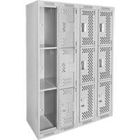 Clean Line Lockers, 3 -tier, Bank of 4, 48" x 12" x 72", Steel, Grey, Rivet (Assembled), Perforated Haskins Industrial Inc.