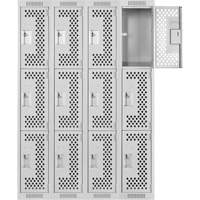 Clean Line Lockers, 3 -tier, Bank of 4, 48" x 12" x 72", Steel, Grey, Rivet (Assembled), Perforated Haskins Industrial Inc.