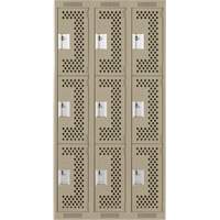 Clean Line Lockers, 3 -tier, Bank of 3, 36" x 12" x 72", Steel, Beige, Rivet (Assembled), Perforated Haskins Industrial Inc.