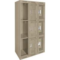 Clean Line Lockers, 3 -tier, Bank of 3, 36" x 12" x 72", Steel, Beige, Rivet (Assembled), Perforated Haskins Industrial Inc.