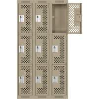 Clean Line Lockers, 3 -tier, Bank of 3, 36" x 12" x 72", Steel, Beige, Rivet (Assembled), Perforated Haskins Industrial Inc.
