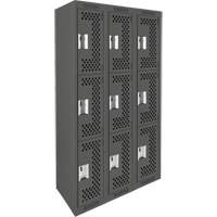 Clean Line Lockers, 3 -tier, Bank of 3, 36" x 12" x 72", Steel, Charcoal, Rivet (Assembled), Perforated Haskins Industrial Inc.