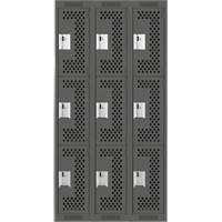 Clean Line Lockers, 3 -tier, Bank of 3, 36" x 12" x 72", Steel, Charcoal, Rivet (Assembled), Perforated Haskins Industrial Inc.