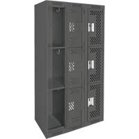 Clean Line Lockers, 3 -tier, Bank of 3, 36" x 12" x 72", Steel, Charcoal, Rivet (Assembled), Perforated Haskins Industrial Inc.