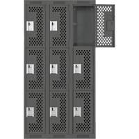 Clean Line Lockers, 3 -tier, Bank of 3, 36" x 12" x 72", Steel, Charcoal, Rivet (Assembled), Perforated Haskins Industrial Inc.
