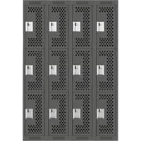 Clean Line Lockers, 3 -tier, Bank of 4, 48" x 12" x 72", Steel, Charcoal, Rivet (Assembled), Perforated Haskins Industrial Inc.