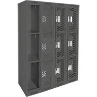 Clean Line Lockers, 3 -tier, Bank of 4, 48" x 12" x 72", Steel, Charcoal, Rivet (Assembled), Perforated Haskins Industrial Inc.