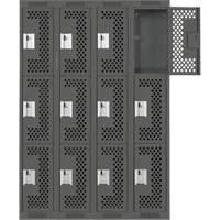 Clean Line Lockers, 3 -tier, Bank of 4, 48" x 12" x 72", Steel, Charcoal, Rivet (Assembled), Perforated Haskins Industrial Inc.