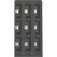 Clean Line Lockers, 3 -tier, Bank of 3, 36" x 18" x 82", Steel, Charcoal, Rivet (Assembled), Perforated Haskins Industrial Inc.