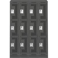 Clean Line Lockers, 3 -tier, Bank of 4, 48" x 18" x 82", Steel, Charcoal, Rivet (Assembled), Perforated Haskins Industrial Inc.