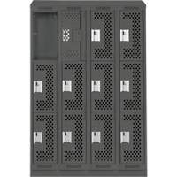 Clean Line Lockers, 3 -tier, Bank of 4, 48" x 18" x 82", Steel, Charcoal, Rivet (Assembled), Perforated Haskins Industrial Inc.