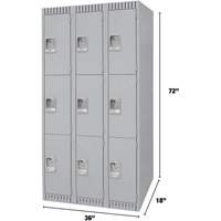 Lockers, 3 -tier, Bank of 3, 36" x 18" x 72", Steel, Grey, Knocked Down Haskins Industrial Inc.