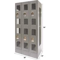 Vented Lockers, 2 -tier, Bank of 3, 36 x 18" x 78", Steel, Grey, Knocked Down, Perforated Haskins Industrial Inc.