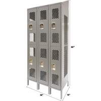 Vented Lockers, 2 -tier, Bank of 3, 36 x 18" x 88", Steel, Grey, Knocked Down, Perforated Haskins Industrial Inc.