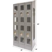 Vented Lockers, 2 -tier, Bank of 3, 36 x 18" x 88", Steel, Grey, Knocked Down, Perforated Haskins Industrial Inc.