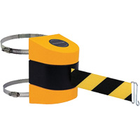 Tensabarrier&reg; Barrier Post Mount with Belt, Plastic, Clamp Mount, 24', Black and Yellow Tape Haskins Industrial Inc.